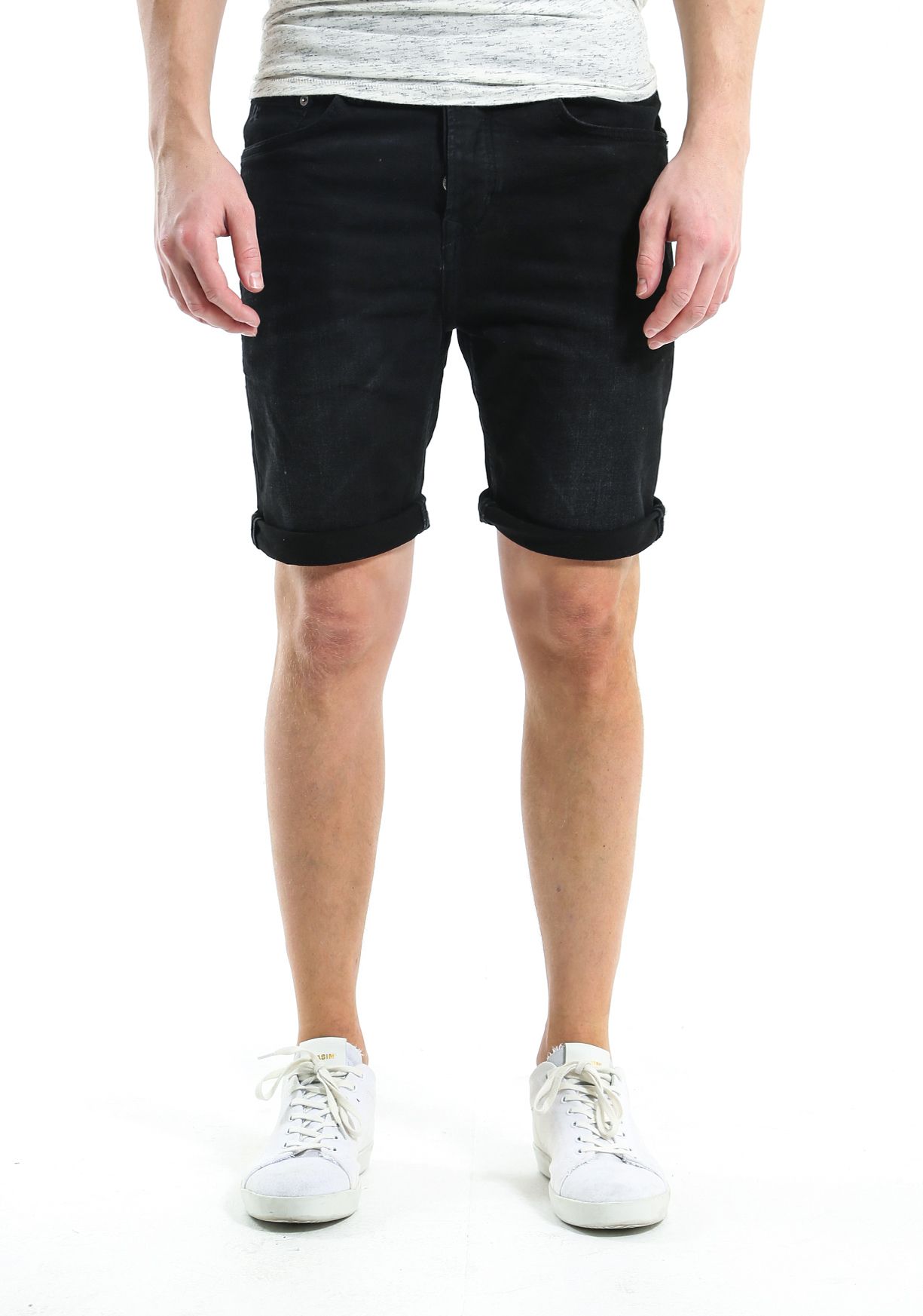 black jean shorts mens outfit